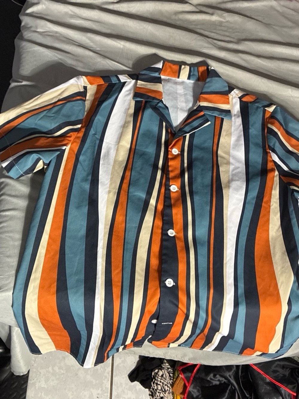 SHEIN Men's Vertical Multi-Stripe Button-Down Shirt - Blue, Orange & Cream